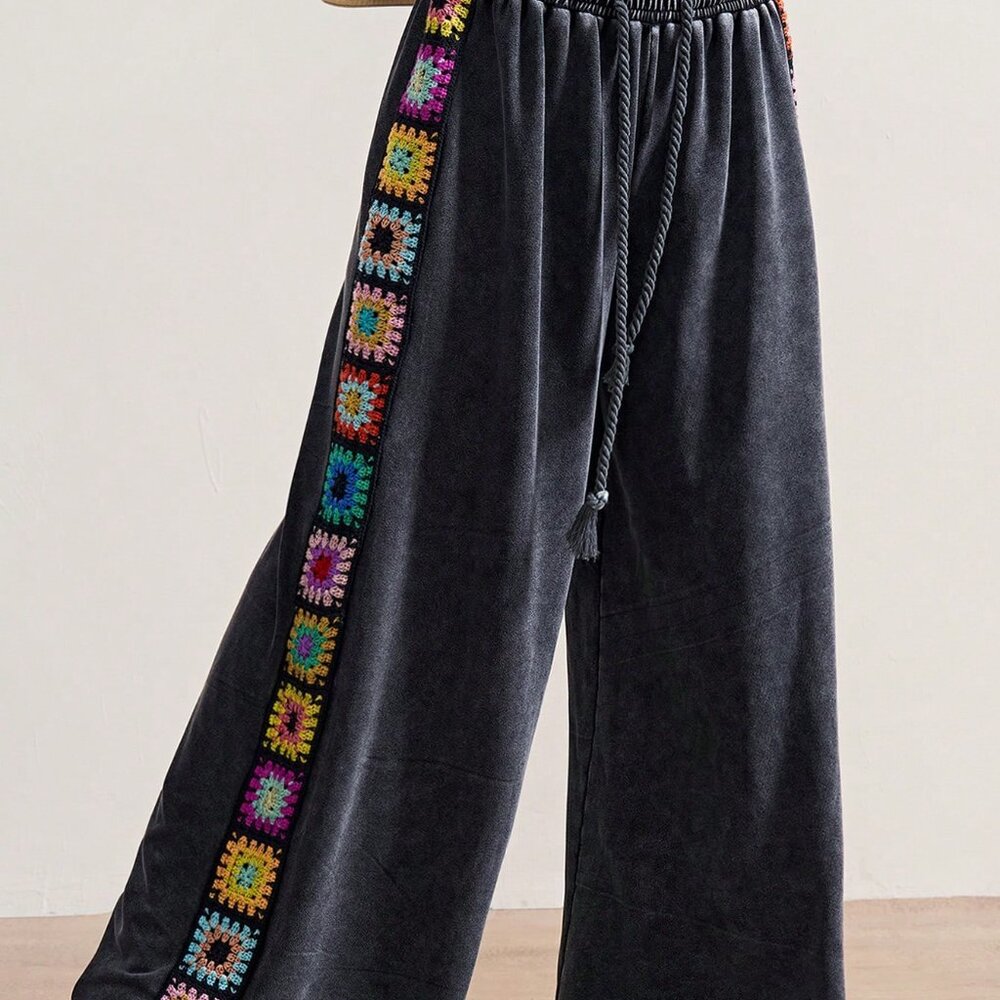 Black Casual Women's Wide Leg Crochet Patchwork Knit Pants - Picture 7 of 8